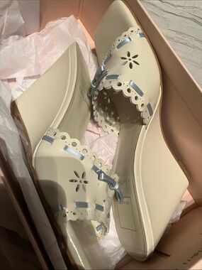 Dolce Vita Cream Wedge Mules with Light Blue Ribbon